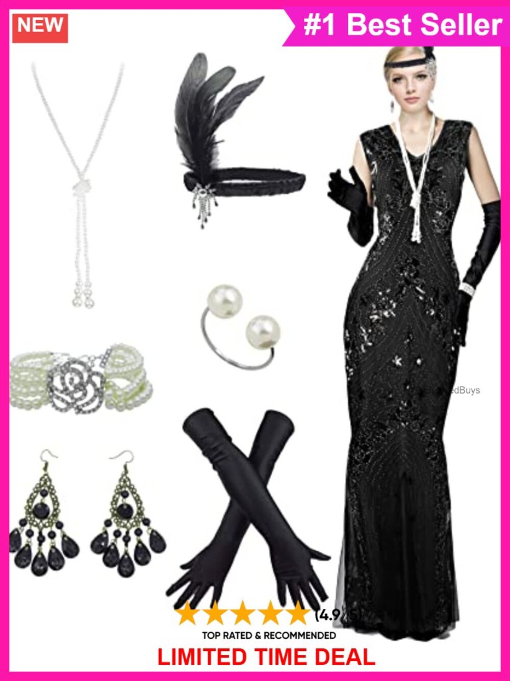 1920s Floral Sequin Mermaid Hem Maxi Formal Ball Gown with 20s Accessories Set